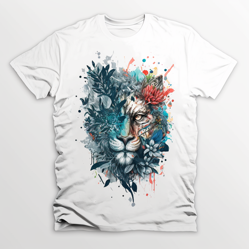 Psychedelic Lion Animal Print Paint Splotches on White T-shirt Unique & Exclusive