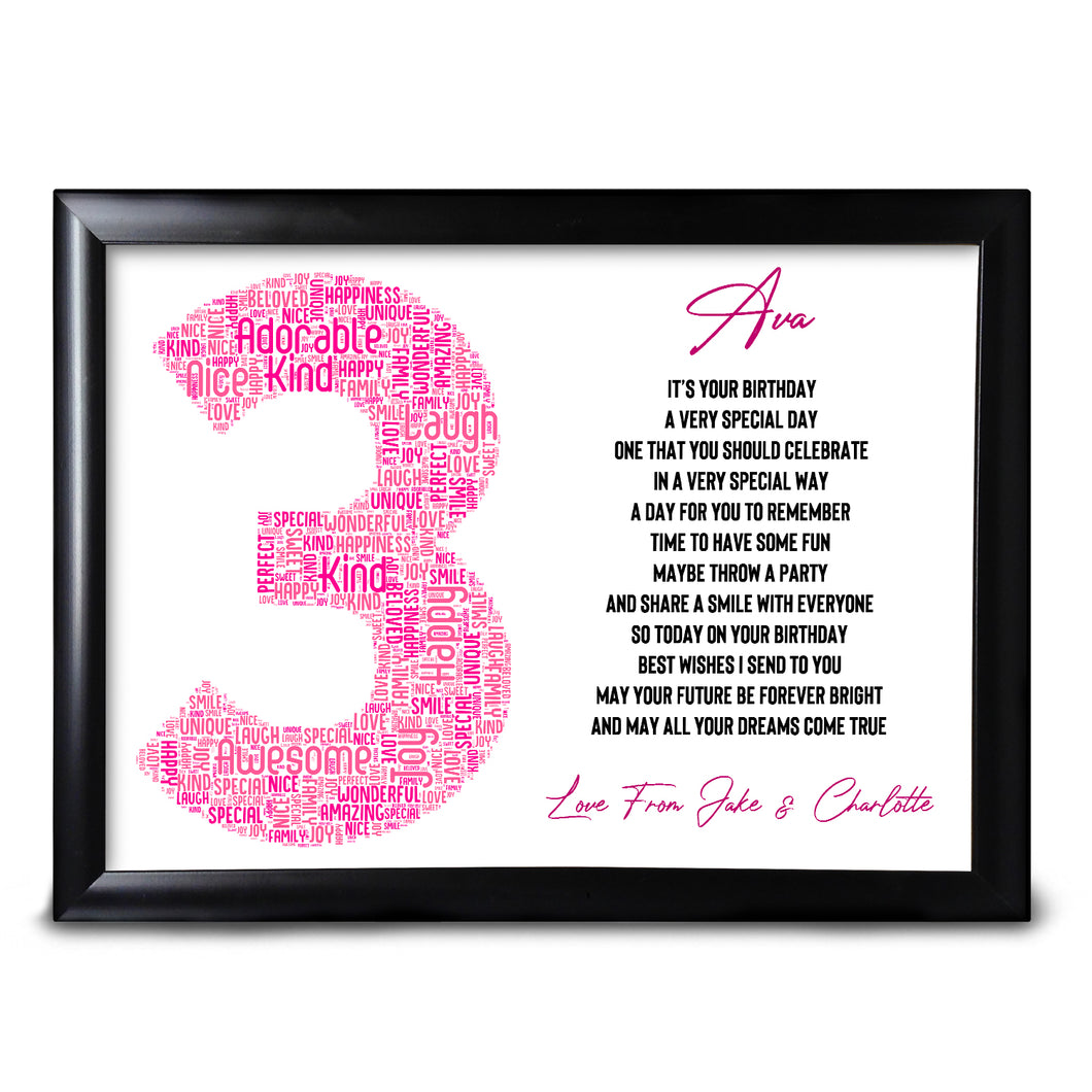 3rd Birthday Keepsake For Her Personalised Print Baby Sister Cousin Friend Perfect Keepsake For A Child Daughter
