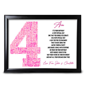 4th Birthday Keepsake For Her Personalised Print Baby Sister Cousin Friend Perfect Keepsake For A Child Daughter