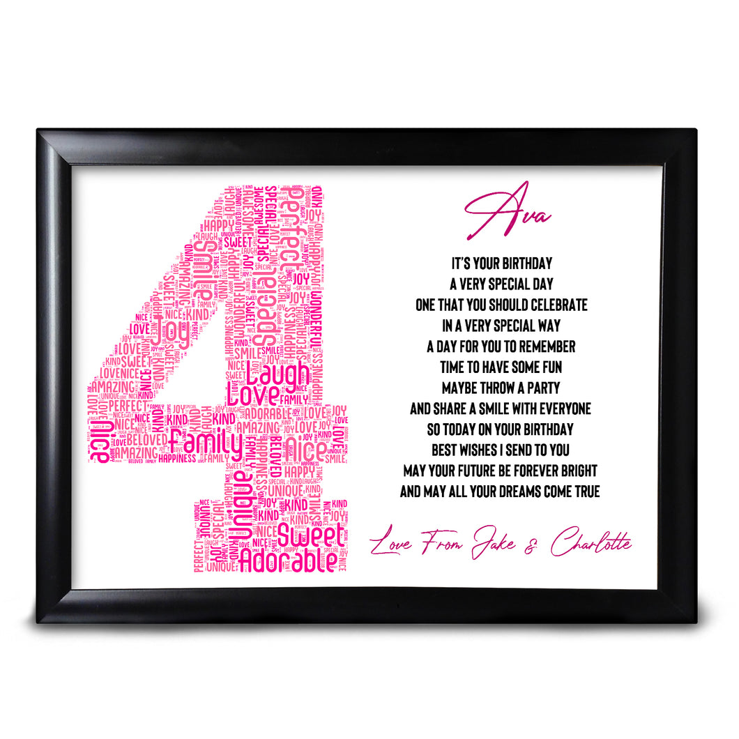 4th Birthday Keepsake For Her Personalised Print Baby Sister Cousin Friend Perfect Keepsake For A Child Daughter