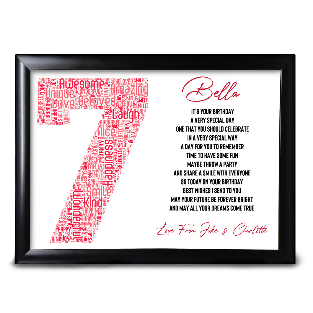 7th Birthday Keepsake For Her Personalised Print Baby Sister Cousin Friend Perfect Keepsake For A Child Daughter