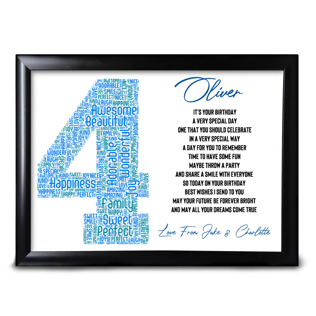 4th Birthday Print Gifts Word Art For Nephew Son Boy Any Number And Name Colours & Words
