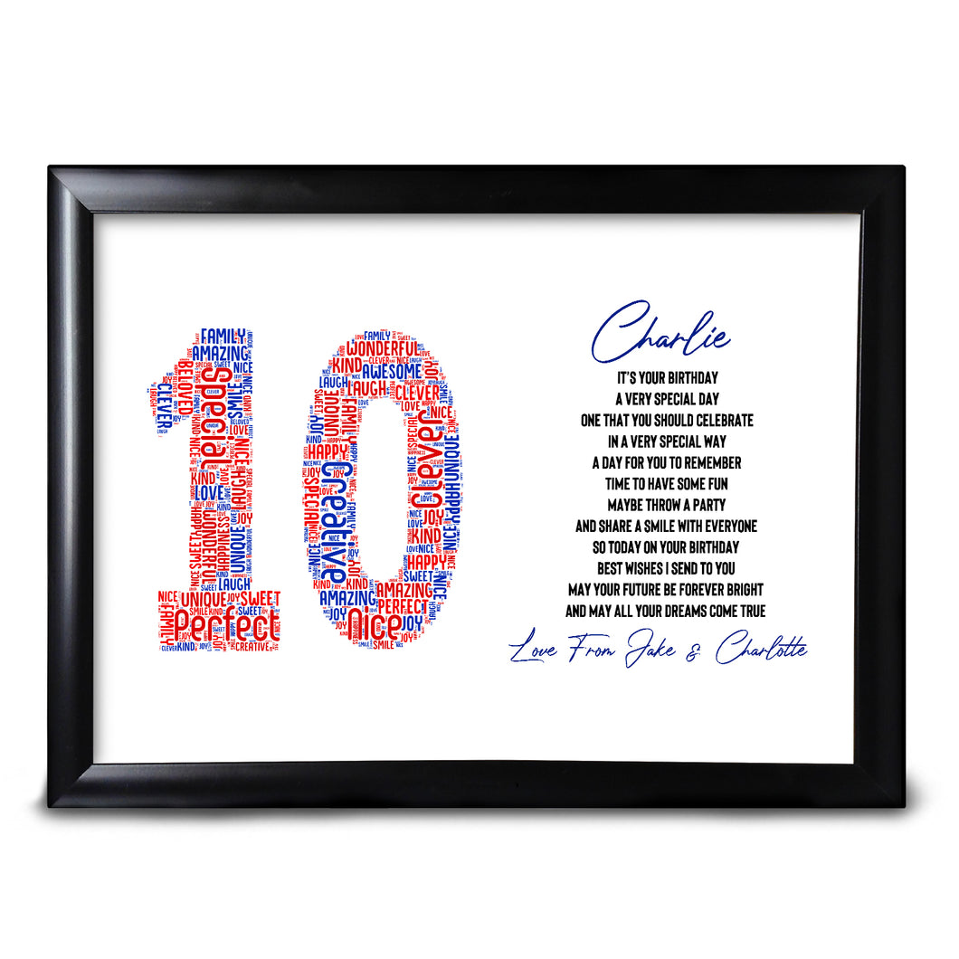 10th Birthday Print Gift Word Art For Boy Son Nephew Any Number And Name Colours & Words