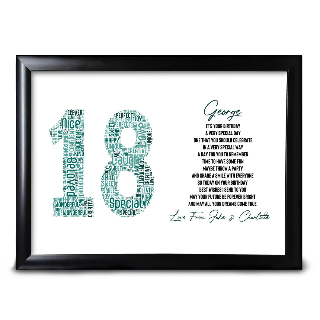 18th Birthday Print Gift For Him Word Art Any Number And Name Colours & Words