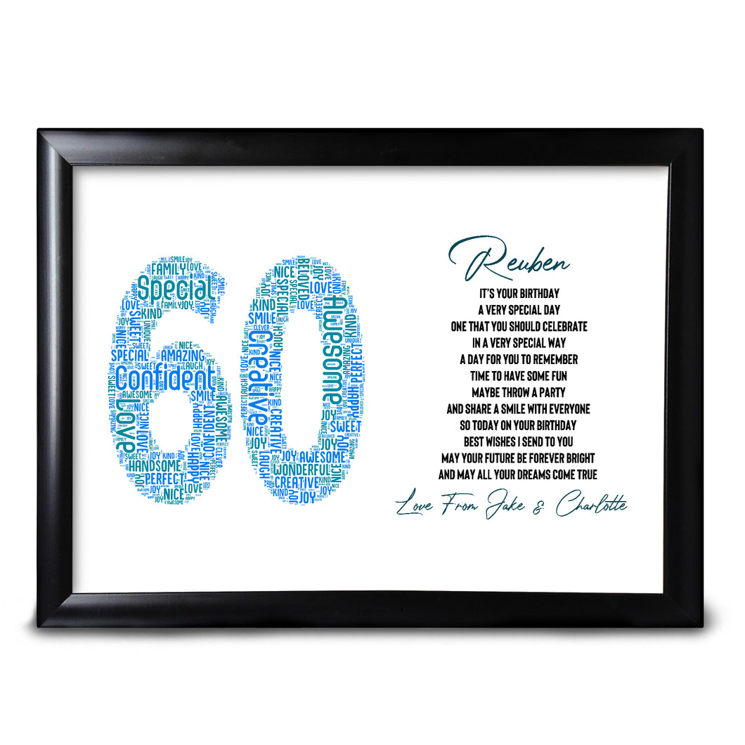 60th Birthday Print Gift Word Art For Him Dad Grandad ANY Number Name Colours & Words
