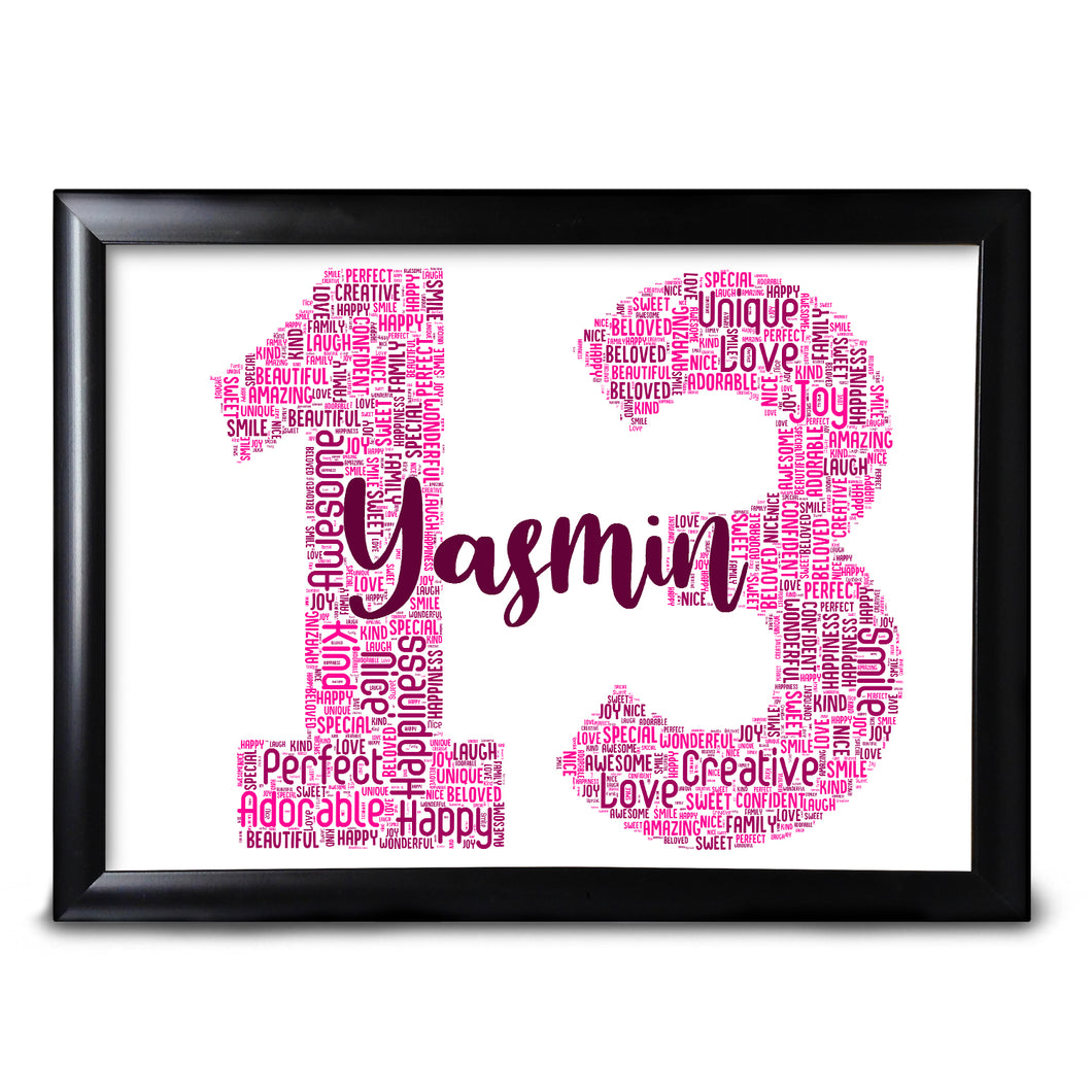 13th Birthday Print For Her Little Sister Cousin Friend Perfect Keepsake For A Child Daughter Choose ANY Number And ANY Colours and Words Completely Customised 16th 18th 20th 21st
