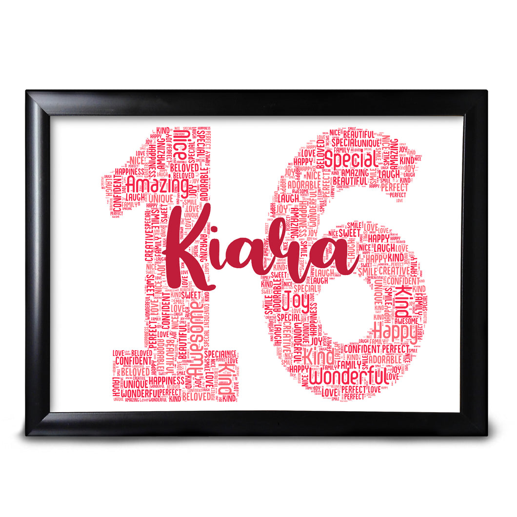 16th Birthday Print For Her Personalised Little Sister Cousin Friend Perfect Keepsake For A Child Daughter Choose ANY Number And ANY Colours and Words Completely Customised 16th 18th 20th 21st