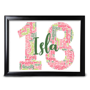18th Birthday Print For Her Personalised Sister Friend Perfect Keepsake Mum Auntie Cousin Mother Personalised Choose ANY Number And ANY Colours and Words Completely Customised 20th 21st 30th 40th 50th