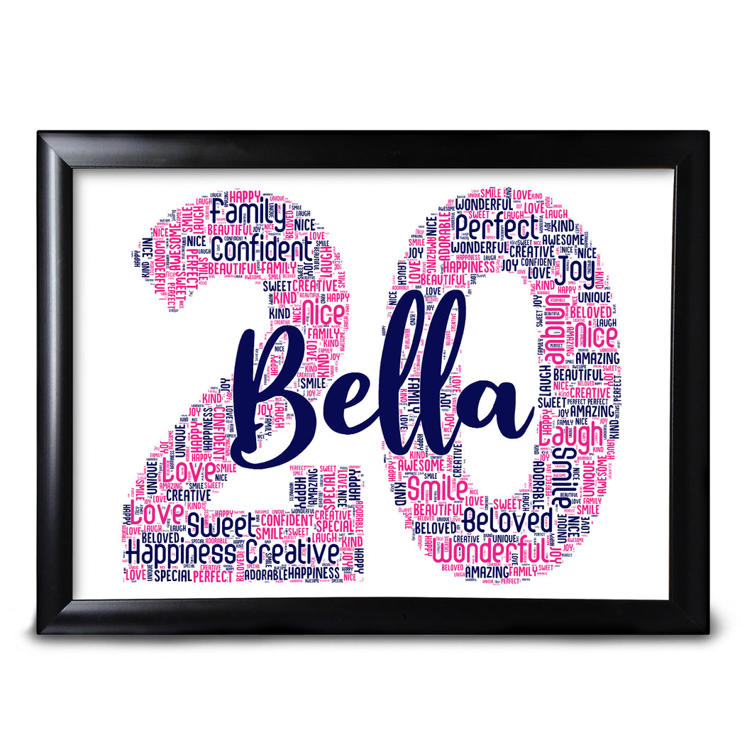 20th Birthday Print For Her Sister Friend Perfect Keepsake Mum Auntie Cousin Mother Choose ANY Number And ANY Colours and Words Completely Customised 20th 21st 30th 40th 50th