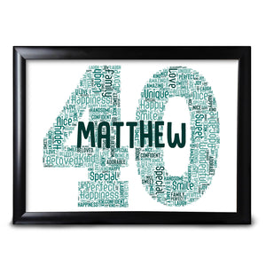 40th Word Art Birthday Gifts For Him Dad Uncle Any Number 1st 5th 10th 16th 18th, 20th, 21st, 30th, 40th, 50th, 60th, 70th, 80th Keepsake Framed Or Card