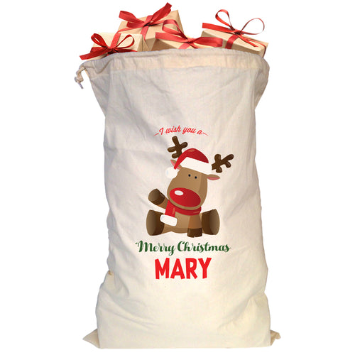 Red Reindeer Christmas Santa Sack personalised with ANY NAME or text. Gift Holder  For Girl Or Boy