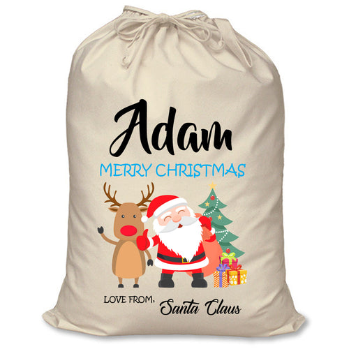 Father Christmas Gift Bag, Personalised Santa Sack – Santa and Rudolph Blue Adam, EXTRA LARGE, 50 x 70 cm
